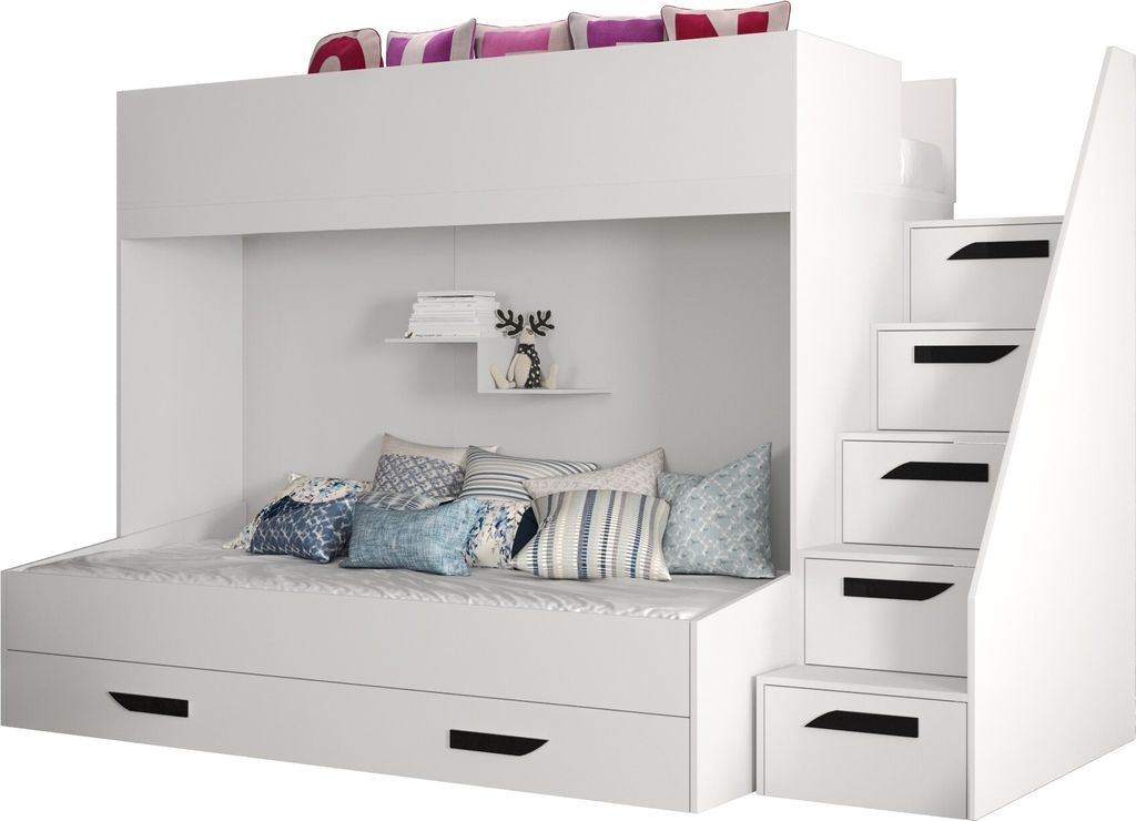 Etagenbett für Kinder Party 16 Stockbett mit Treppe und Bettkasten (Weiß + Weiß Glanz + schwarze Griffe)