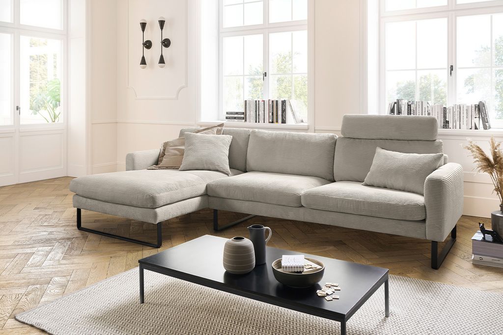 KAWOLA Sofa RICARDA Ecksofa Cord steingrau Recamiere links Produktbild 