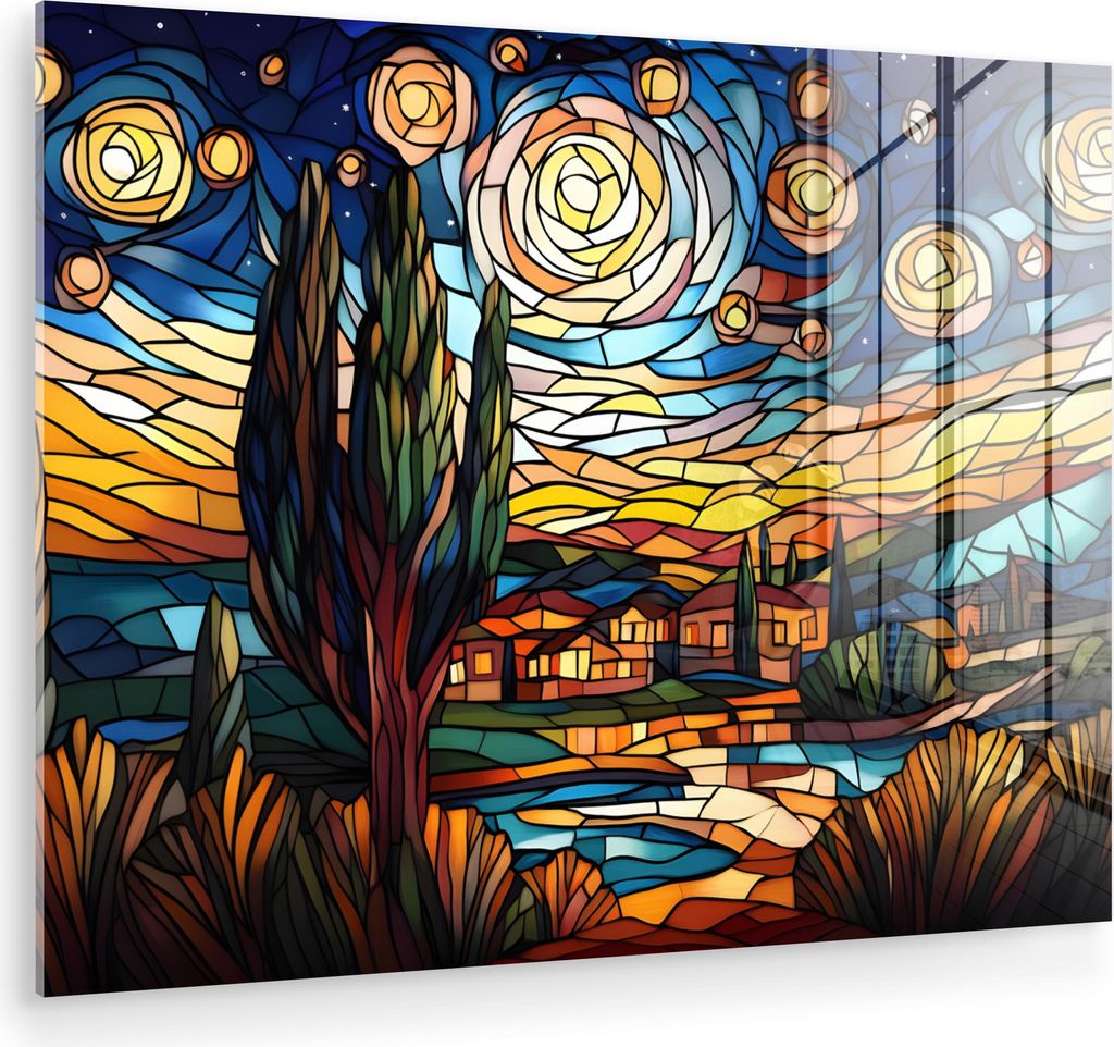 MuchoWow Glasbilder - Bilder auf Wandbild - Foto auf Glas Himmel - Sterne - Mosaik - Häuser 80x60 cm Wanddekoration aus Glas - Acrylglasbild - Acr...