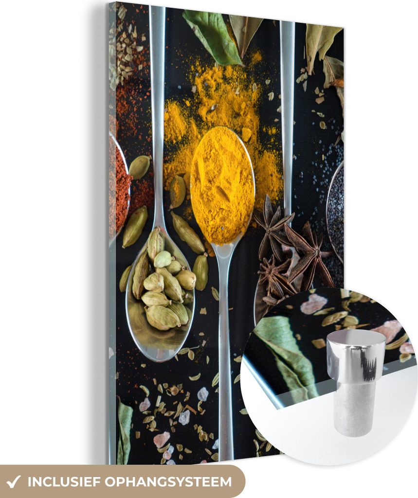 MuchoWow Glasbilder - Bilder auf Wandbild - Foto auf Glas Löffel - Gewürze - Kräuter - Lebensmittel - Tisch 80x120 cm Wanddekoration aus Glas - ...