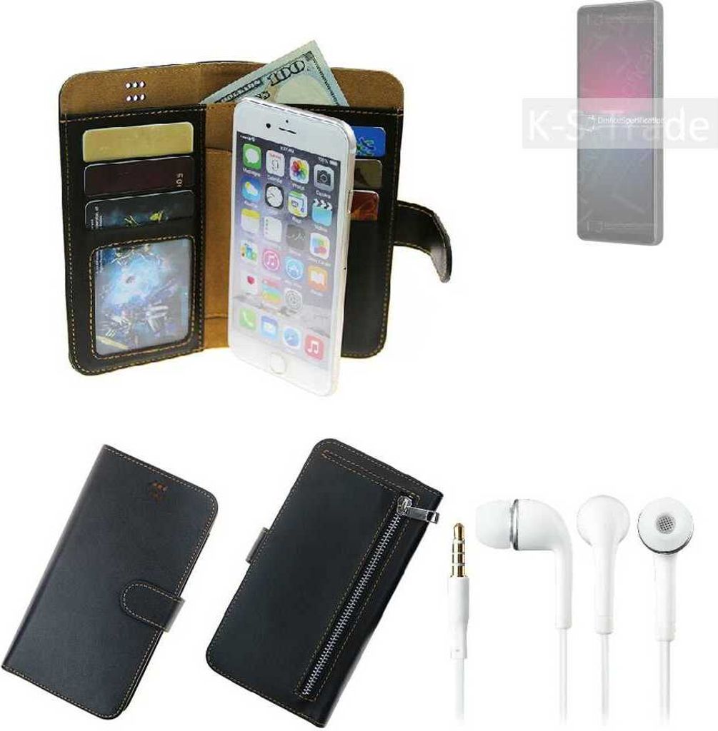 TOP SET Handy Hülle Schutz Hülle kompatibel mit Sony Xperia 10 IV schwarz aus Kunstleder + Kopfhörer Smartphone Tasche vollwertige Geldbörse