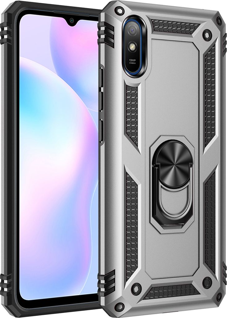 LaimTop Schutzhülle für Redmi 9A, Dual Layer Robust Militäre Fallschutz Hülle mit Ringhalterung Ständer für Xiaomi Redmi 9A Silber