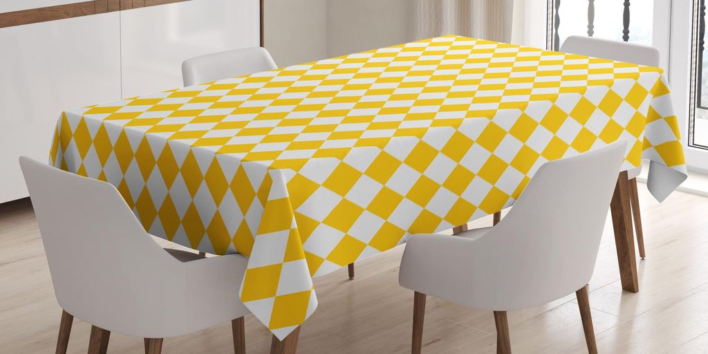 ABAKUHAUS Gelb und Weiß Tischdecke, Diagonales kariertes altmodisches Retrostil-Gitter-Mosaik-Muster, 140 x 240 cm, Gelb und Weiß