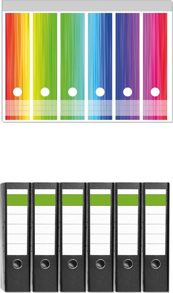 Wallario 6 Stück breite Ordner inkl. Klebeetiketten mit Motive Regenbogenmuster - Farben rot, gelb, grün, blau, pink und rot - Set mit Rückensc...