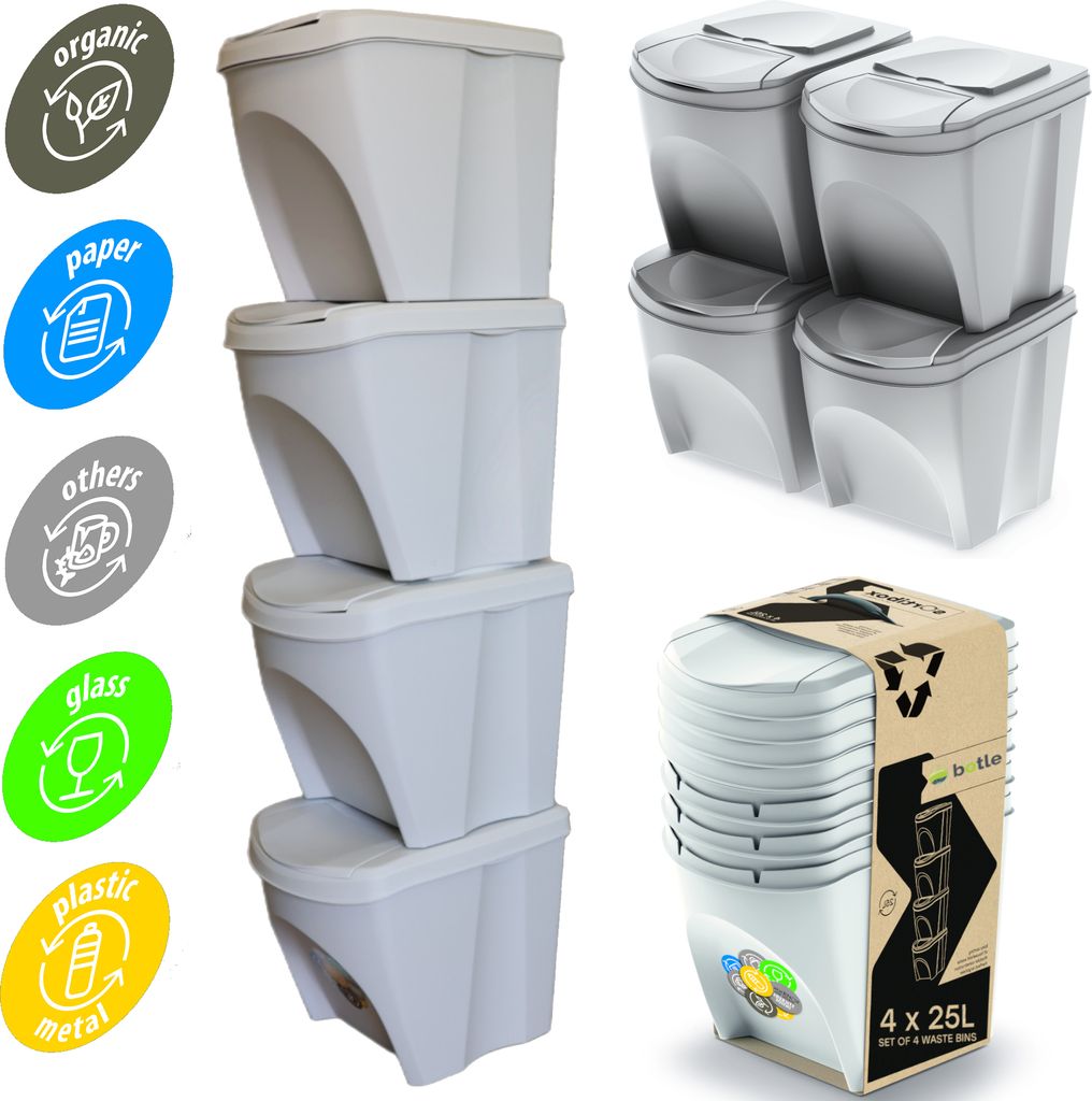 A set of stackable white trash bins with recycling labels on the side.
