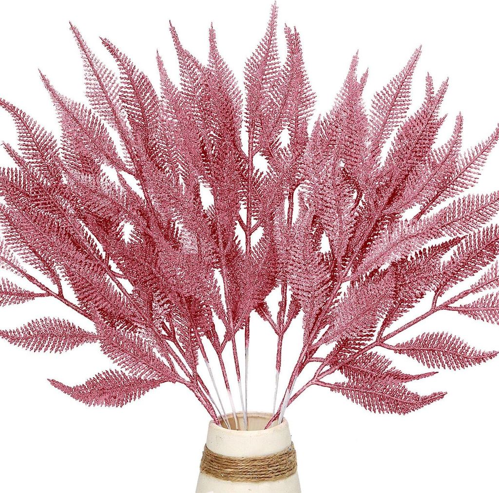 12 Künstliche Glitterblätter Zweigset 39cm Weihnachtsbaum Dekoration DIY Bastelkränze (Rosa)