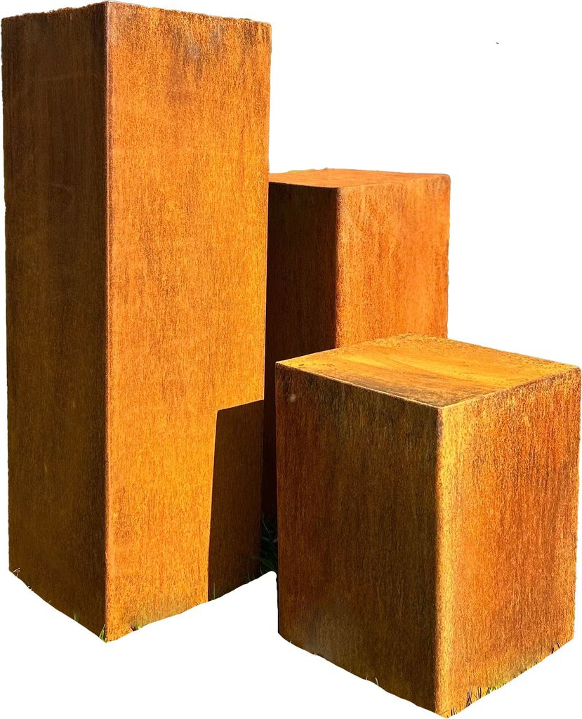 Three weathered metal cubes of varying sizes are arranged in a stepped pattern against a white background.