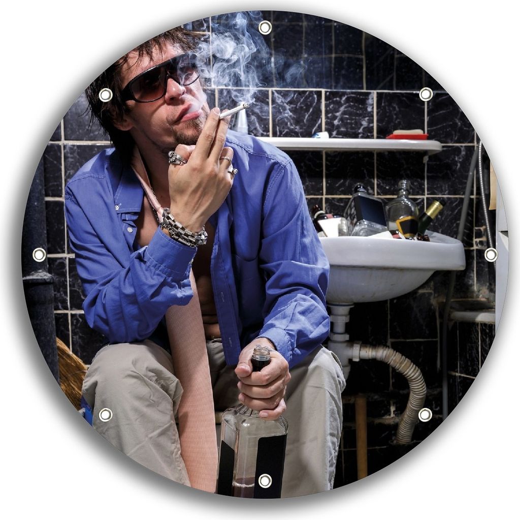 Wallario rundes Outdoor-Poster für Garten oder Balkon, Motiv Kloparty - Sexy Mann auf Toilette mit Zigarette, 30 cm Durchmesser