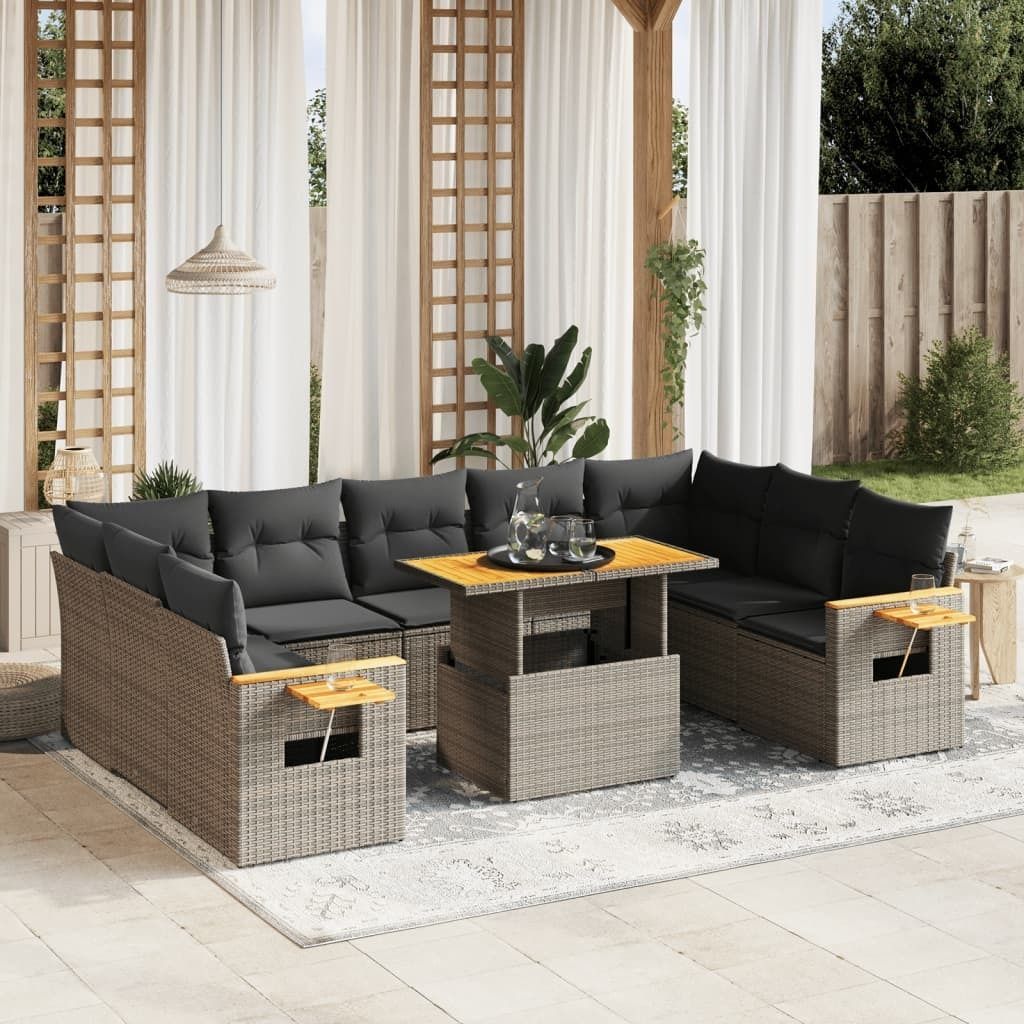 Design 10-tlg. Garten-Sofagarnitur mit Kissen Grau Poly Rattan, Gartenmöbel-Sets 2024 Neu