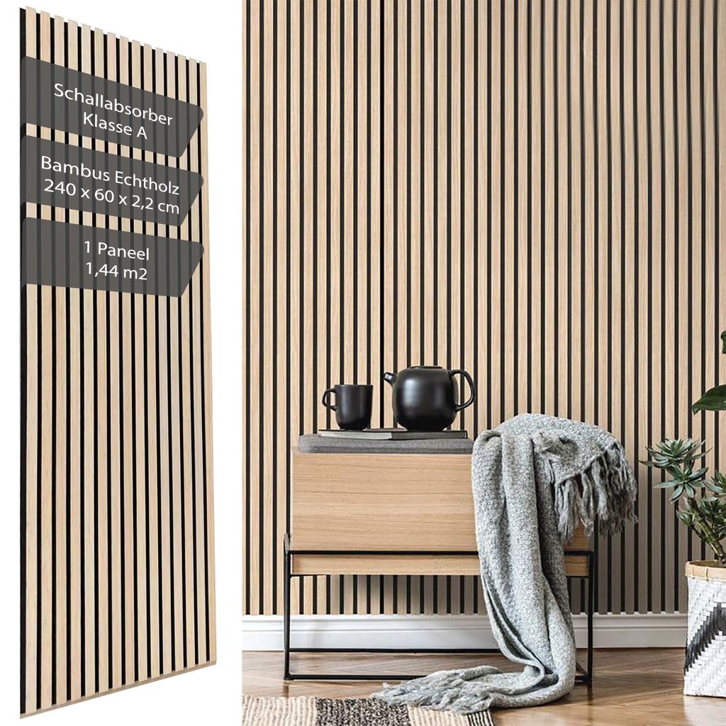 Vereg Akustikpaneele Holz 240x60 I 22mm hohe Bambus Paneele, KEIN MDF I 3D Wandpaneele mit Filz & Schalldämmung (Klasse A) I Echtholz Wandverkleidung