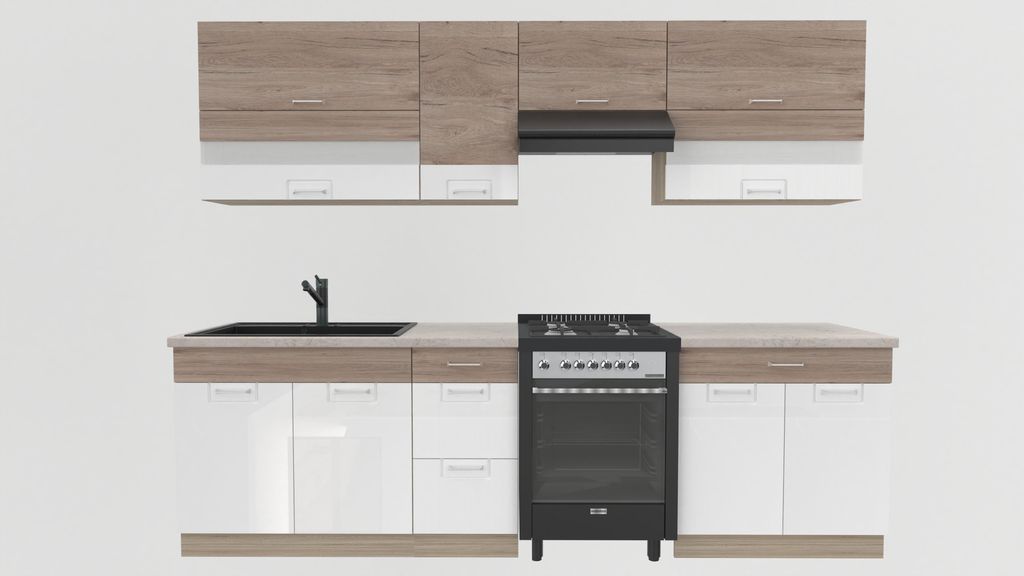Küchenzeile 270 cm - ECONO B PLUS - Sonoma Eiche - Weiß Hochglanz - Mit Arbeitsplatte Travertin - Einbauküche mit Soft-Close - Metallbox Schubladen