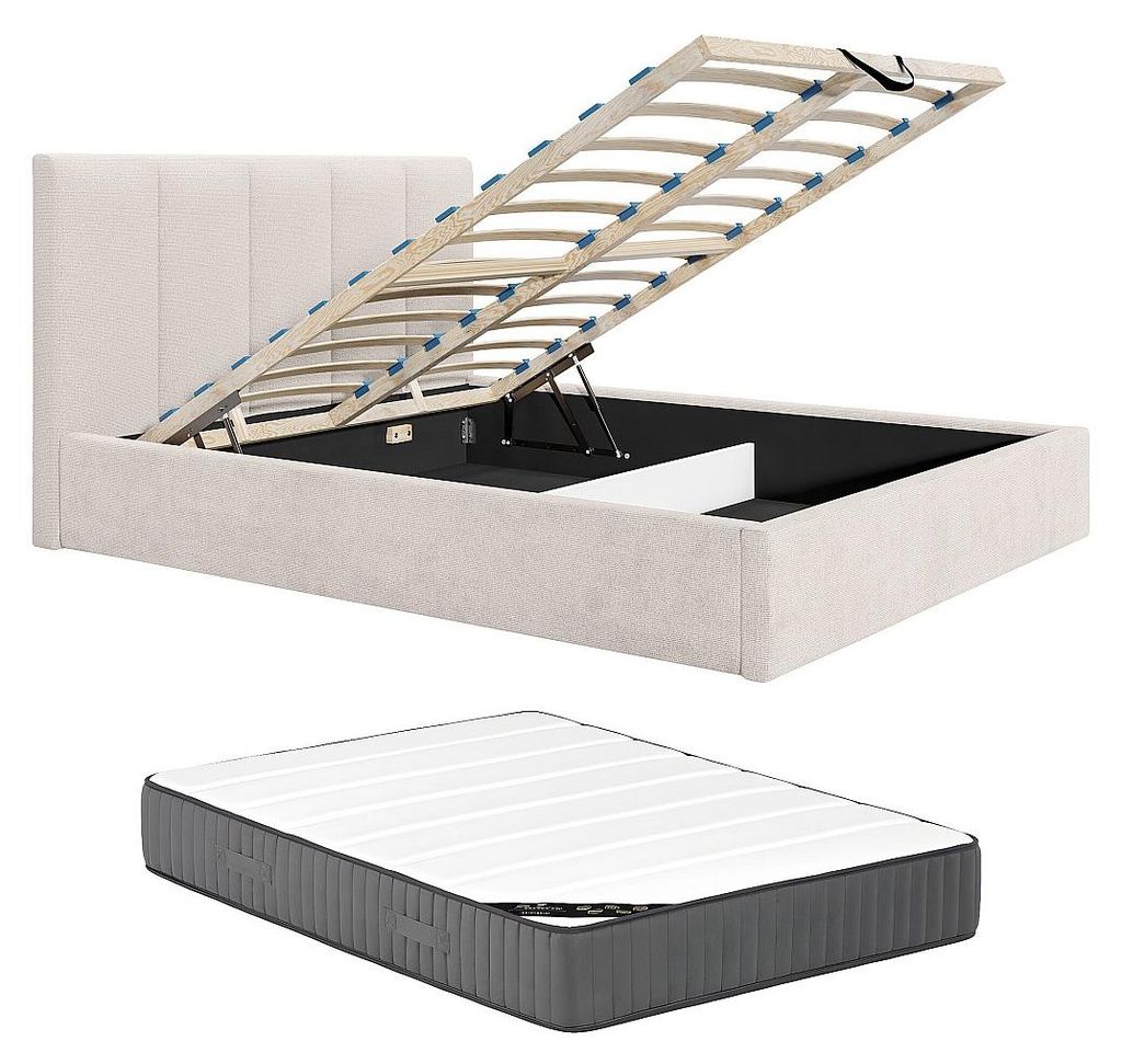 Bett mit Stauraum 180 x 200 cm mit Kopfteil mit vertikalen Nähten – Stoff – Beige – Mit Matratze – KILACLO