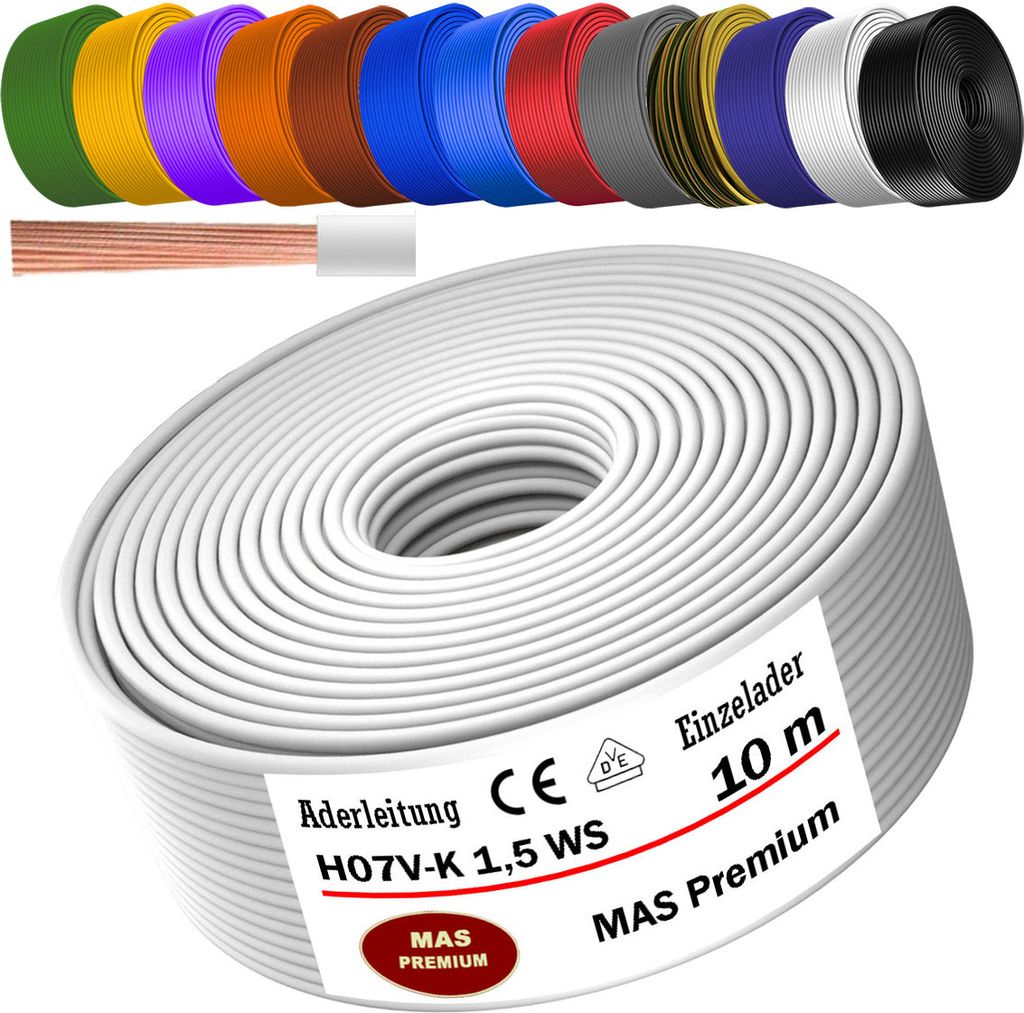 10m Aderleitung H07 V-K WS 1x1,5 mm² Weiß Einzelader flexibel