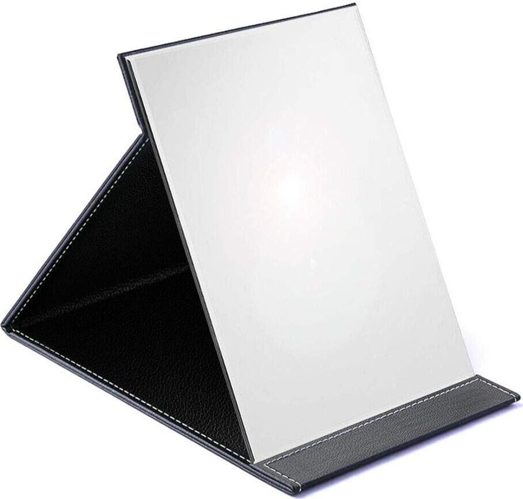 A black and white foldable makeup mirror is shown against a white background.