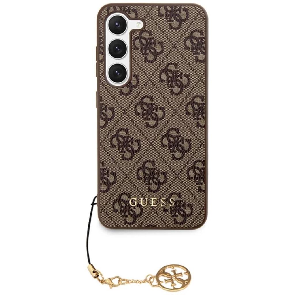 A brown Guess phone case with a gold charm.