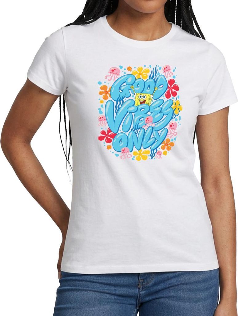 Spreadshirt Spongebob Schwammkopf Good Vibes Only Frauen T-Shirt, S, Weiß