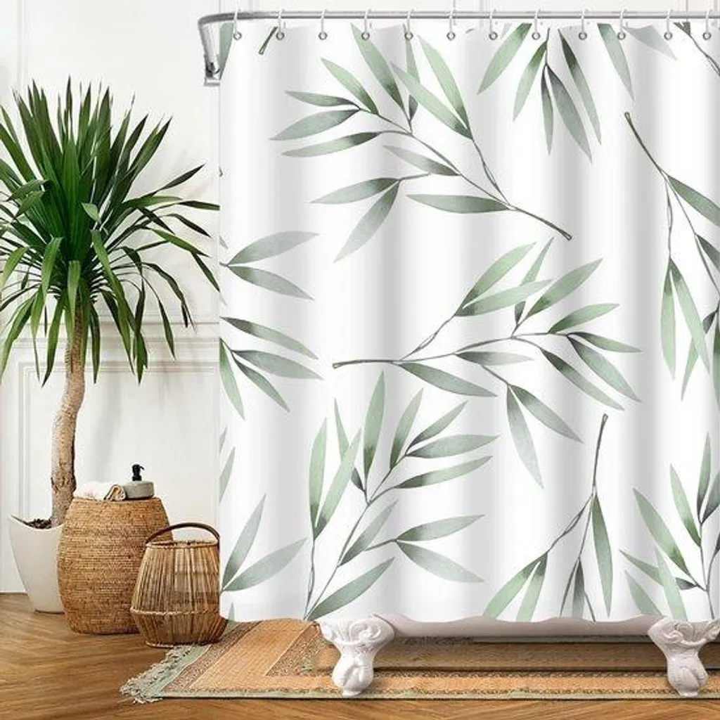 Rideau de douche imperméable bambou feuilles vertes 152 x 183 cm