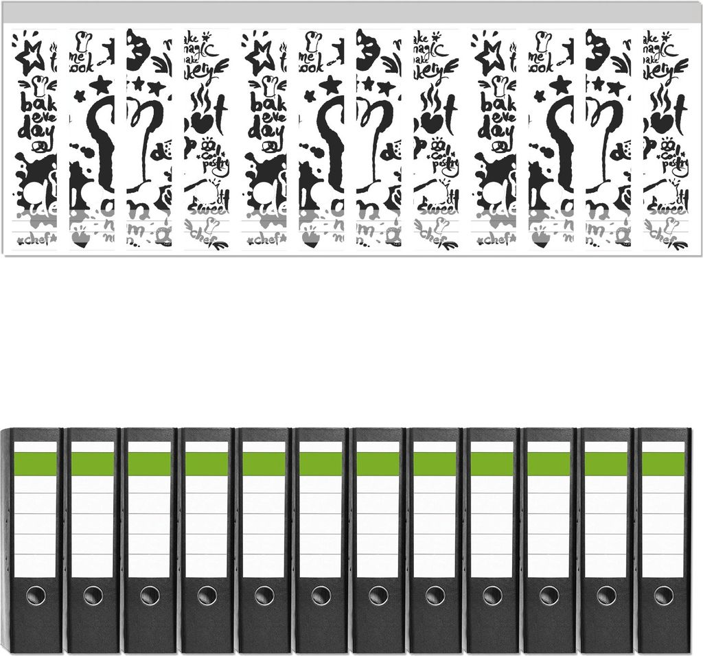 Wallario 12 Stück breite Ordner inkl. Klebeetiketten mit Motive Fröhliche Küchenzeit - Set mit Rückenschildern / Ordnerrücken Stickern