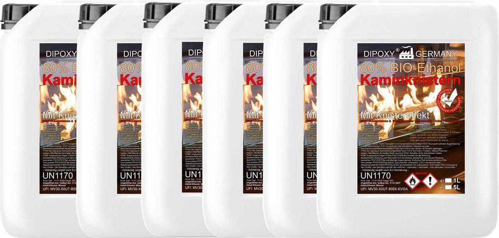 Bioethanol / Ethanol 80% Premium 6x5L (30L) - mit Kaminknister-Effekt für Dekofeuer, Tischkamin, Kamin & Gartendeko-Feuer