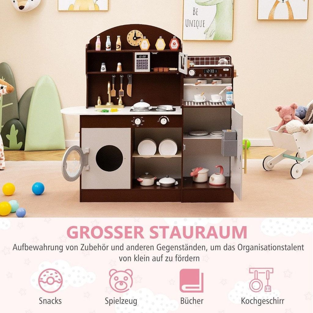 Kinderküche mit 27 Zubehör Spielküche Holz mit Uhr Mikrowelle Braun