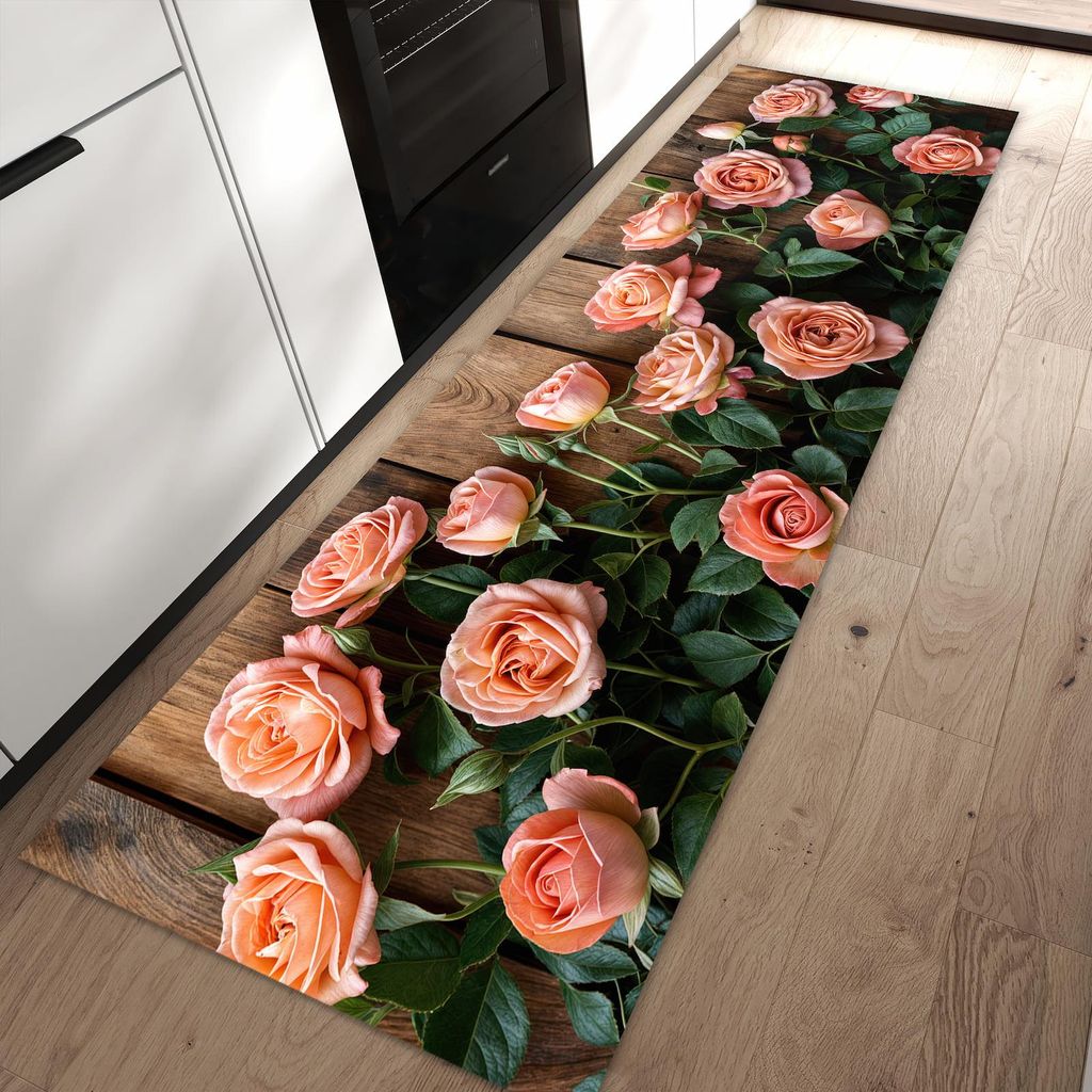 Küchenteppich 60x90cm rutschfest & abwischbar PVC Läufer - Rosen Holzhintergrund