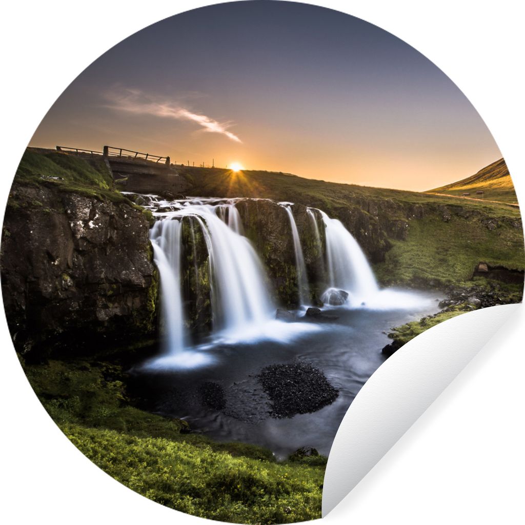 MuchoWow Runde Wandtattoo - Wandsticker Tapete Aufkleber Island - Wasserfall - Sonne Ø 100 cm Selbstklebend und Repositionierbar - Wandaufkleber...