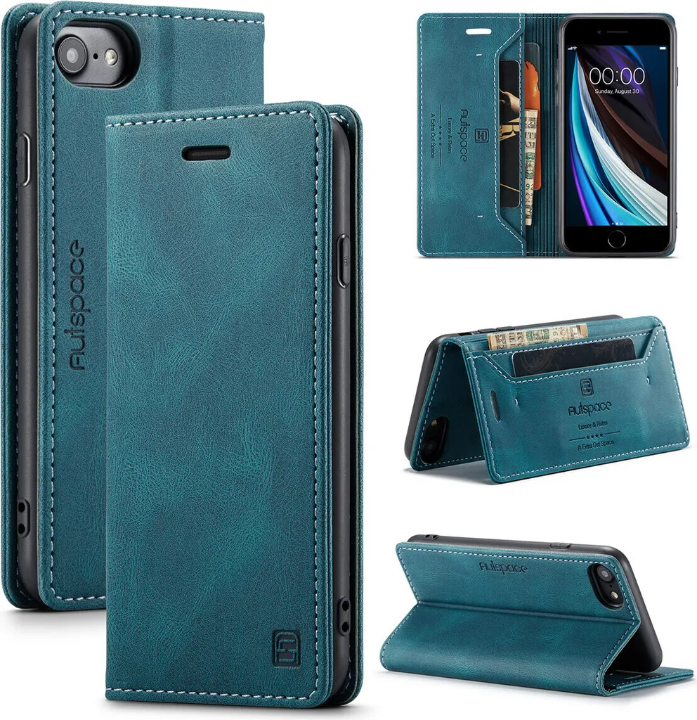 Custodia iPhone SE 2022 Blu Retro in Finto Cuoio con Supporto e Portafoglio