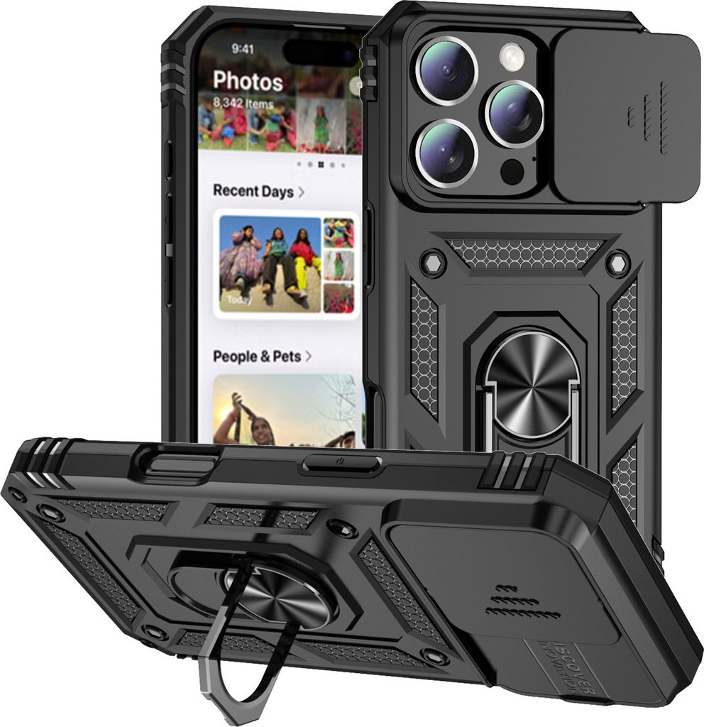 Hülle für iPhone 16 Pro mit Schiebe Kamera Schutz und Ringhalter Ständer Hybrid Schutzhülle Schwarz