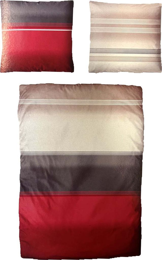 Three pieces of bedding with a striped pattern are displayed against a white background.
