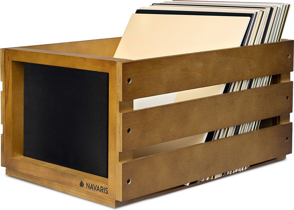 Navaris Holz Schallplatten Kiste mit Kreidetafel - 42,9 x 34,4 x 22,9 cm - für bis zu 80 LP Platten - Vinyl Aufbewahrung Holzkiste - Braun