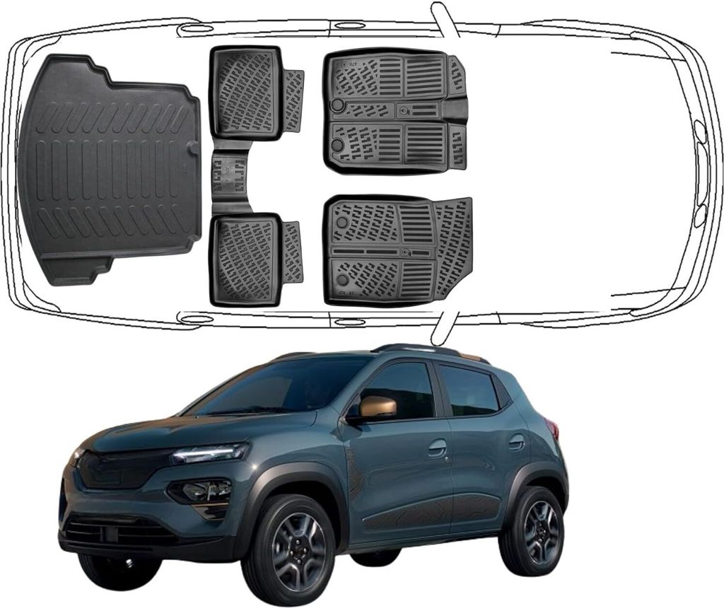3D Fußmatten & Kofferraumwanne Auto Set Kompatibel mit Dacia Spring Elektric 2021 - 2024
