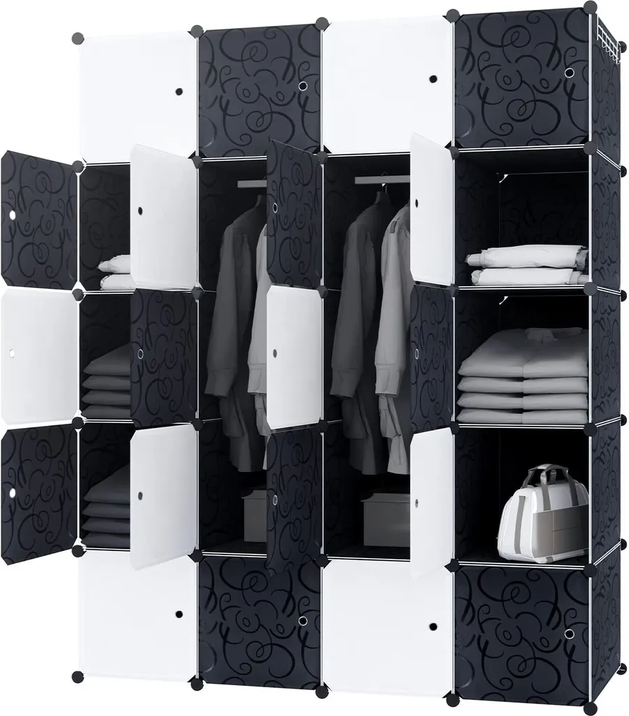 Armoire Plastique 20 Cubes et Penderie Double Système d'Étagères Noir