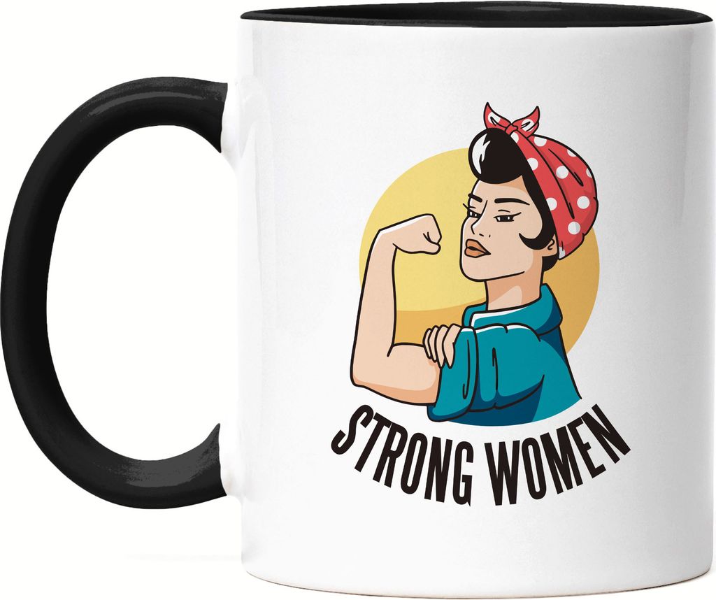 Strong Women Tasse Schwarz Spruch Motiv Geschenk für Superheldinnen Frauenpower Frauentag Feminismus