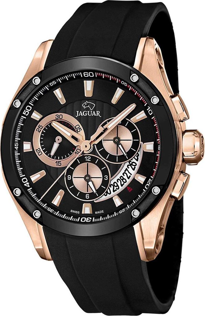 A close-up studio shot of a Jaguar men's chronograph watch with a black dial and rose gold accents, presented on a white background.