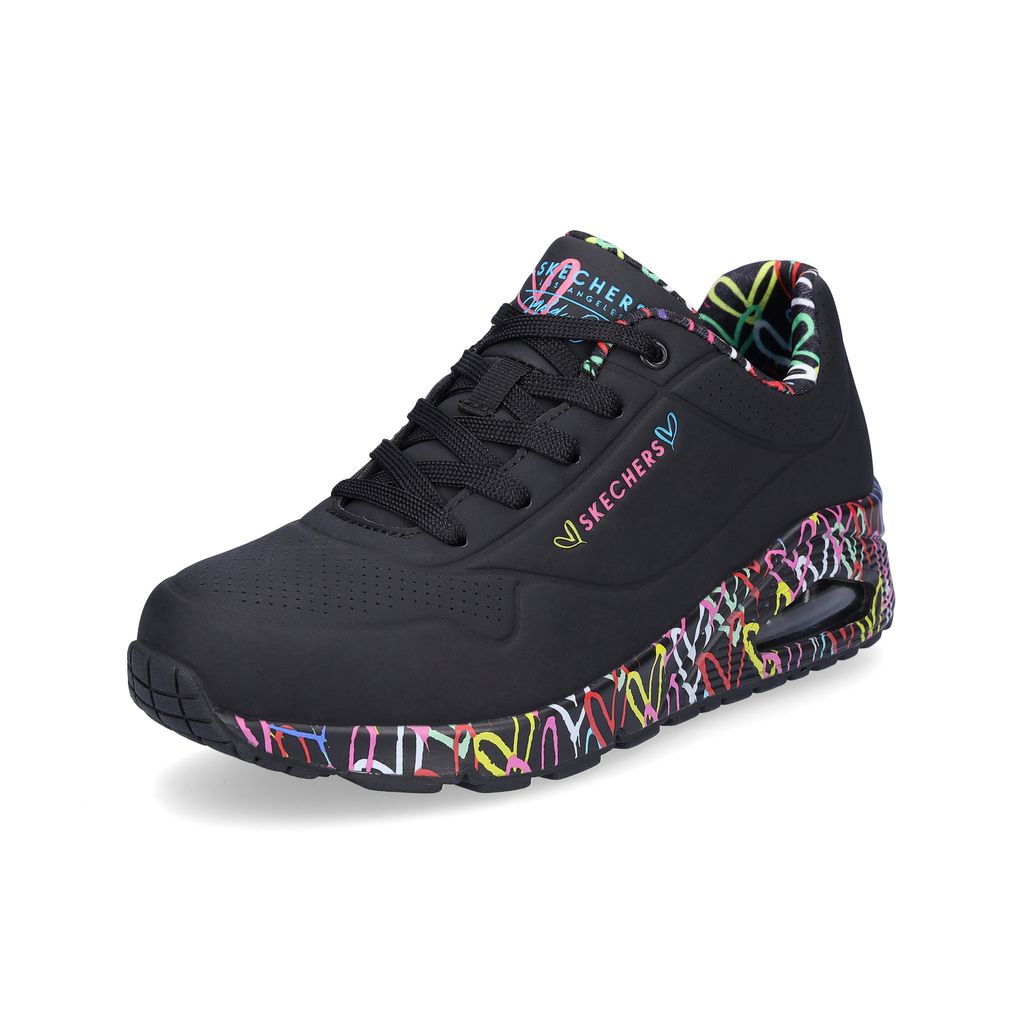 A single black Skechers sneaker with colorful graffiti-style accents on the sole and heel.