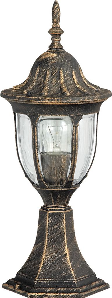 A classic outdoor lamp with a gold and bronze finish and a clear glass shade.