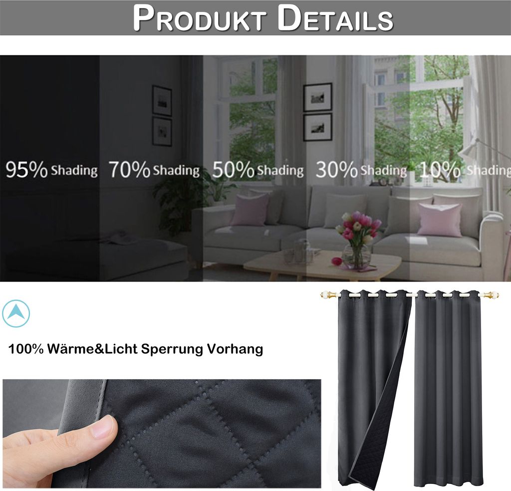 100% Verdunkelung Thermo Vorhänge Grau Blickdicht Produktbild 7