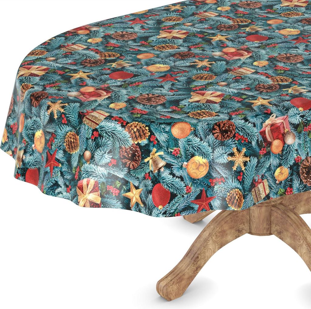 Tischdecke Wachstuchtischdecke Gartentischdecke Wachstischdecke Weihnacht Blau Wasserabweisend Oval Breite 140 cm Länge 280 cm mit Schnittkante