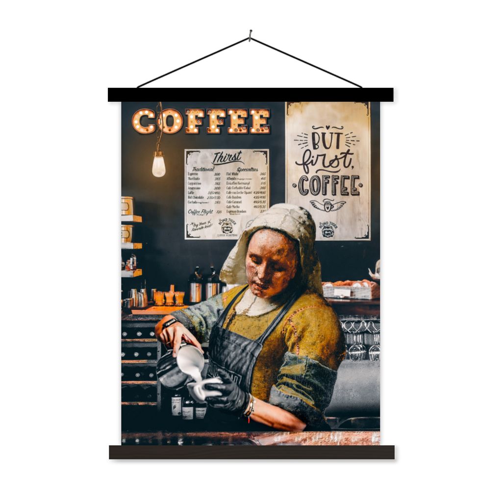 MuchoWow Textilposter Milchmädchen - Barista - Kaffee - Vintage - Kunst - Abstrakt - Malerei - Alte Meister 120x160 cm mit schwarzem Rahmen - Ma...