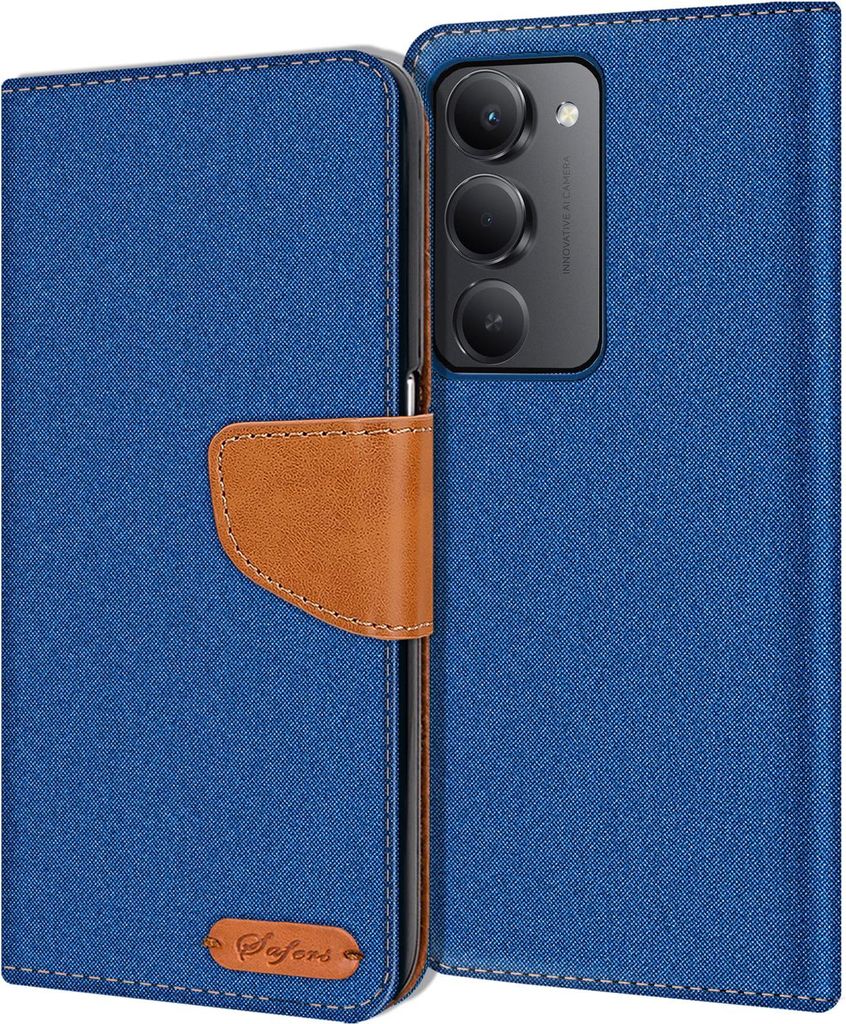 A blue flip case for a smartphone, with a brown leather strap closure and a small brown logo tag at the bottom.