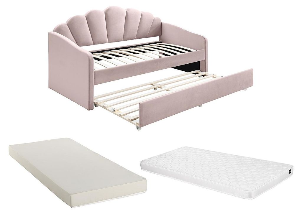 Muschelausziehbett 2 x 90 x 190 cm - Velours - Pink + Matratze - ELUSIA