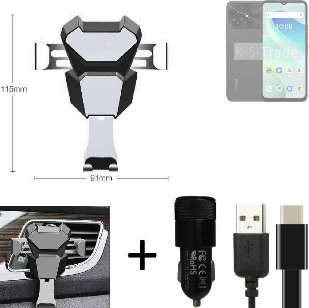 K-S-Trade Lüftungsschlitz Halterung kompatibel mit UMIDIGI G5 Lüftungshalterung Lüftungsgitter schwarz-silber Auto-Halterung Smartphone Halter