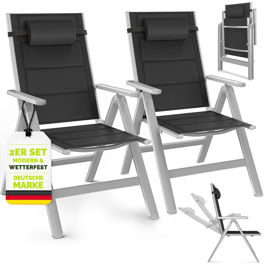 tillvex Gartenstuhl mit Polster Premium 2 Stück Silber klappbar aus Aluminium | Hochlehner mit Armlehnen | Klappstuhl verstellbar | Klappsessel Ba...