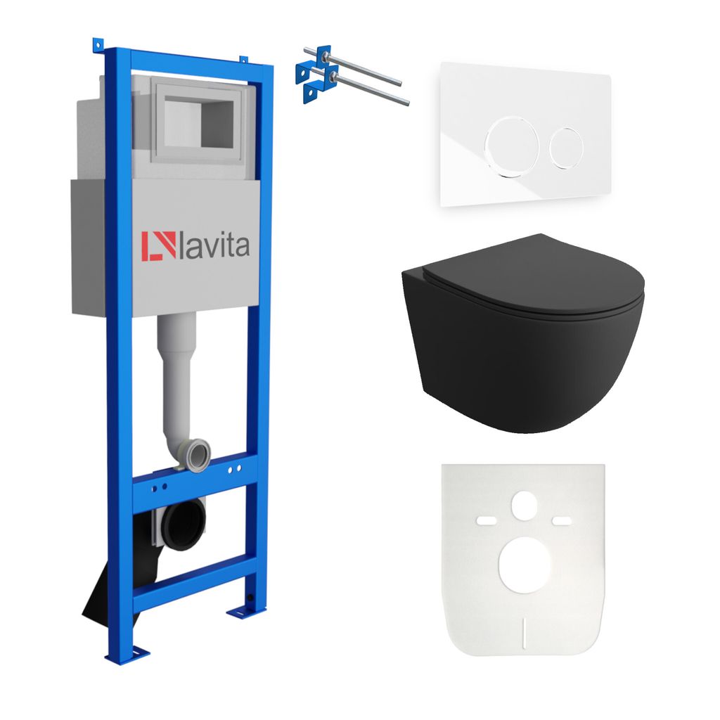 Lavita LAV 101 Vorwandelement für WC 40cm + Wand Hänge Tiefspül WC SINTO Schwarz Spülrandlos + Bedienplatte LAV 200.4.1 Weiß | Komplettset | U...