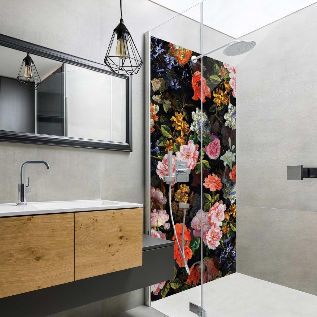 Duschrückwand Muster selbstklebend - 0.61 mm Wandpaneel wasserfest Blumenmuster bunt Badrückwand fugenlos Premium matt 100x200 cm