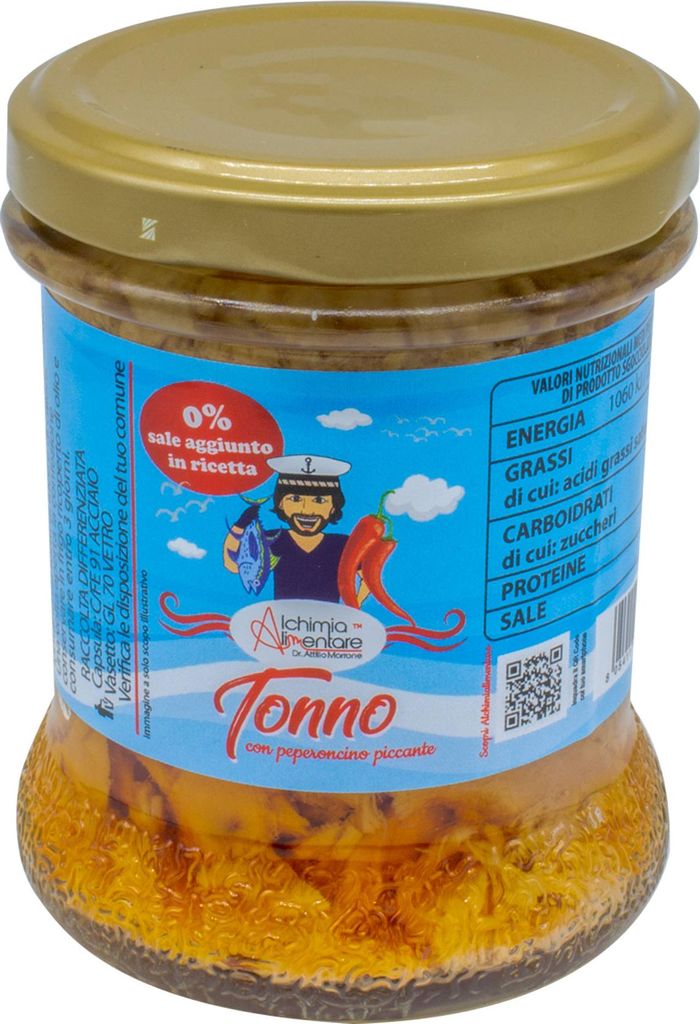Alchimialimentare - Thunfisch in Olivenöl mit Chili - Kein Zusatz von Salz - 6 x 170g | Gelbflossen-Thunfisch in Olivenöl, Proteinquelle - Konser...