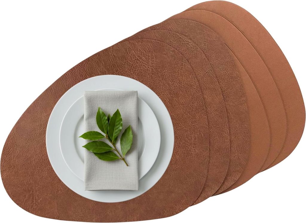 Platzset 6er Set, 2in1 Wende-Tischunterlage Kunstleder oval, Platzdeckchen 40x31cm Nierenform (Rostbraun)