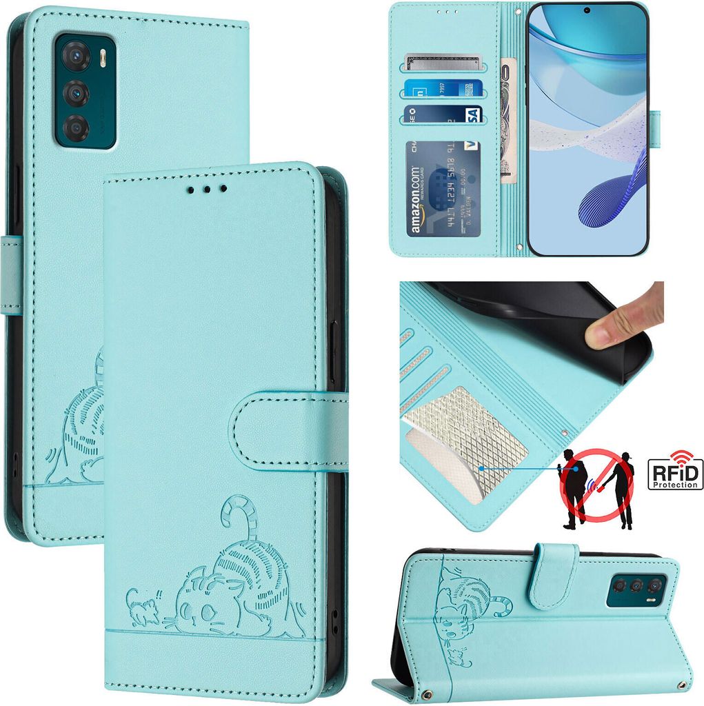 Leder Hülle für Motorola Moto G42 Süße Katze Flip Case Brieftasche Schutzhülle mit Standfunktion hellgrün