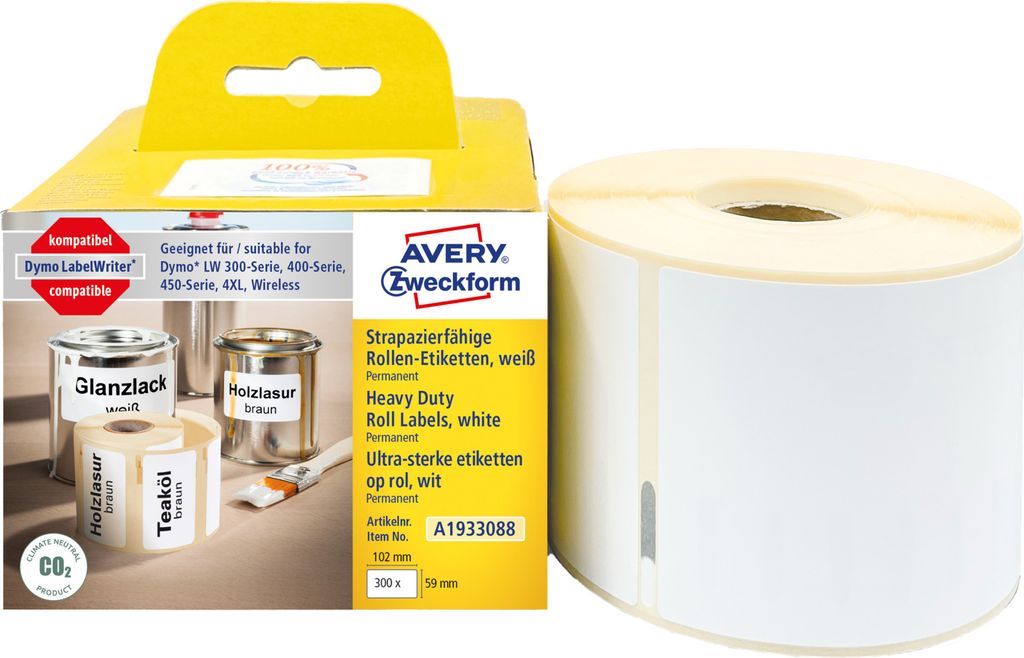 Avery Zweckform A1933088, Rollen-Etiketten, 59 x 102 mm, 300 Etiketten / 1 Rolle, weiß