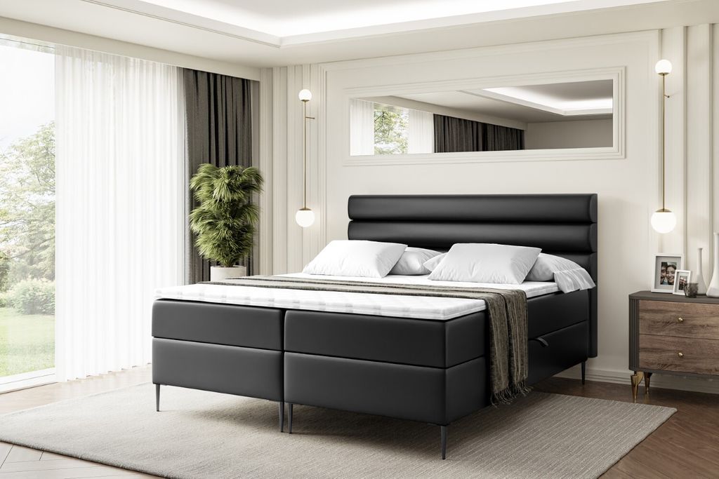 ALTDECOR Boxspringbett mit Schwarz Füßen, Matratze und Lattenrost, Boxbett, Topper, Polsterbett mit Bettkasten, Bett mit Stauraum H4-Matratze, D...
